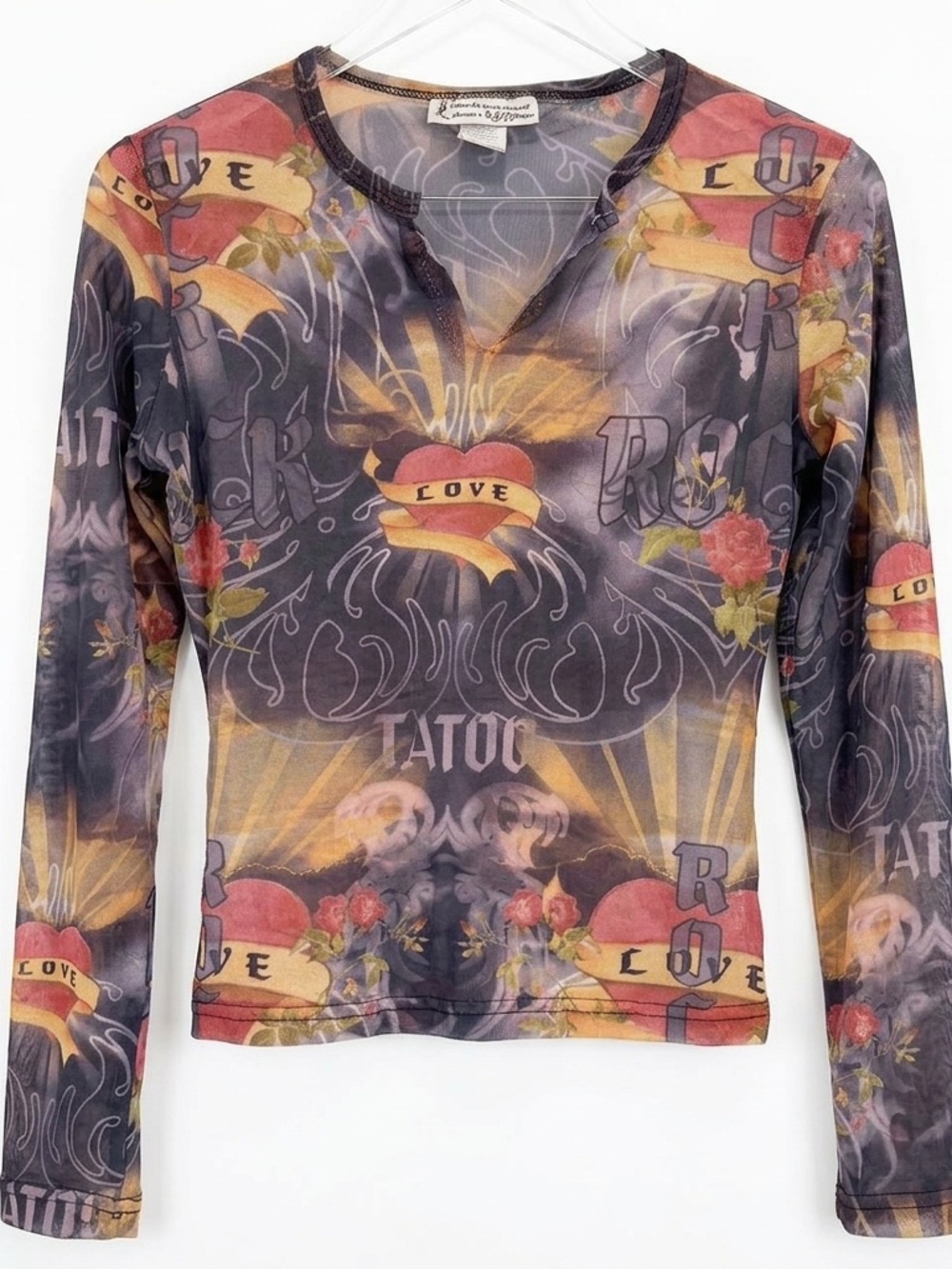 Y2K Long sleeve mico mesh v-neck tattoo print top. Size Medium